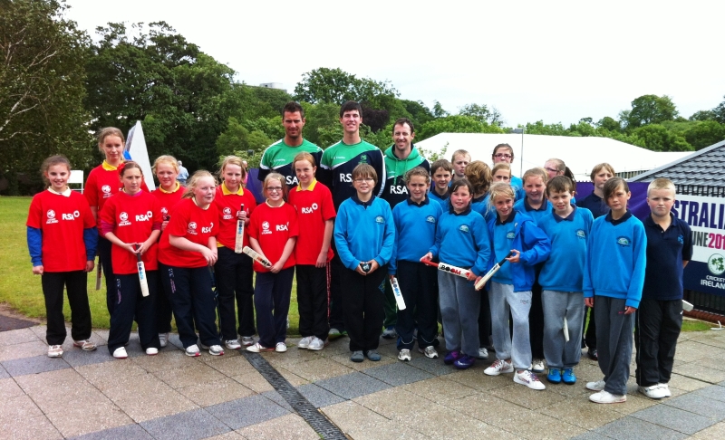Ireland Cricketers Max Sorensen, George Dockrell and Alex Cusack with some of the participants from Newbuildings and Artigarvan Primary Schools